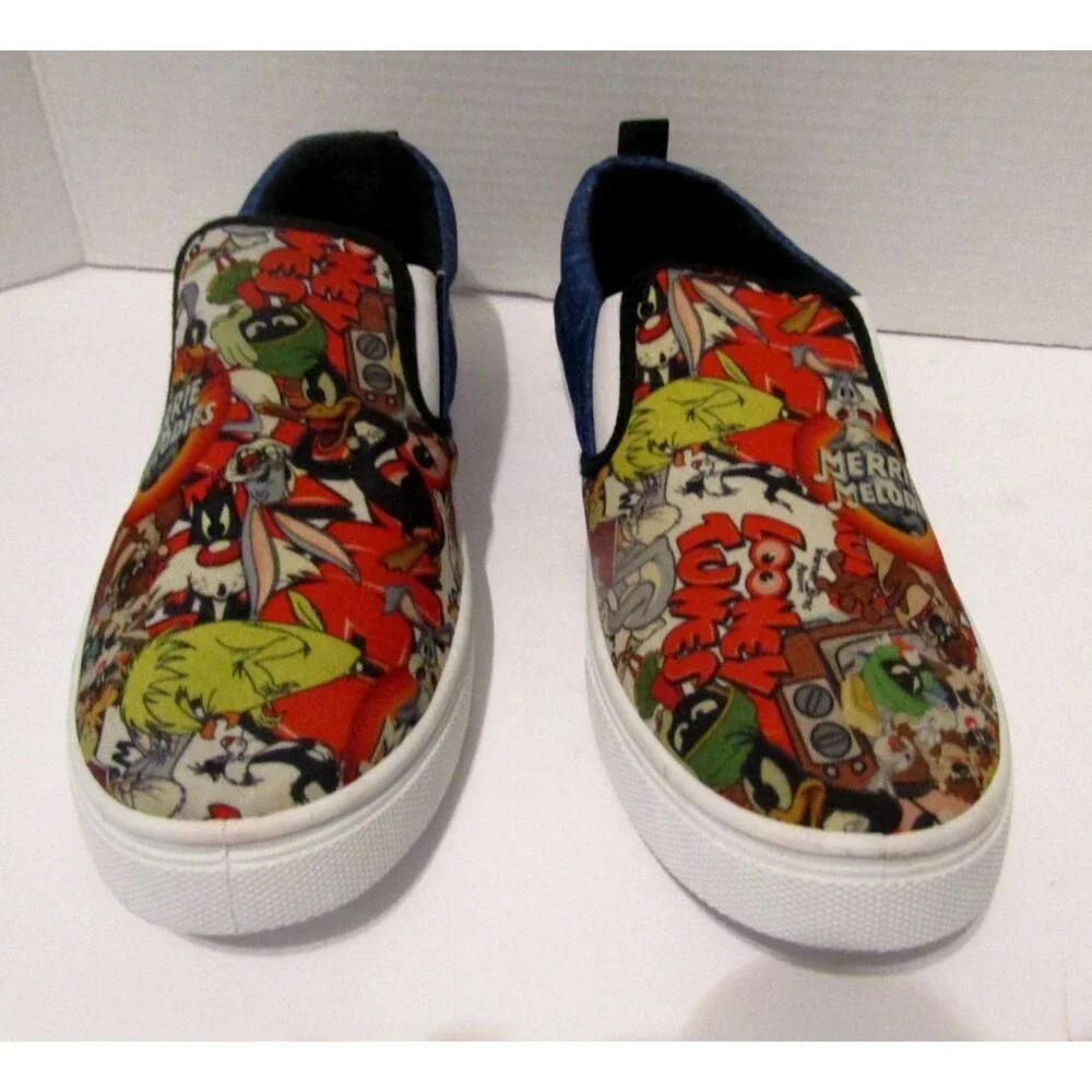 Looney Tunes Merrie Melodies That's All Folks! AOP Slip-On Sneakers Unisex Sz 10